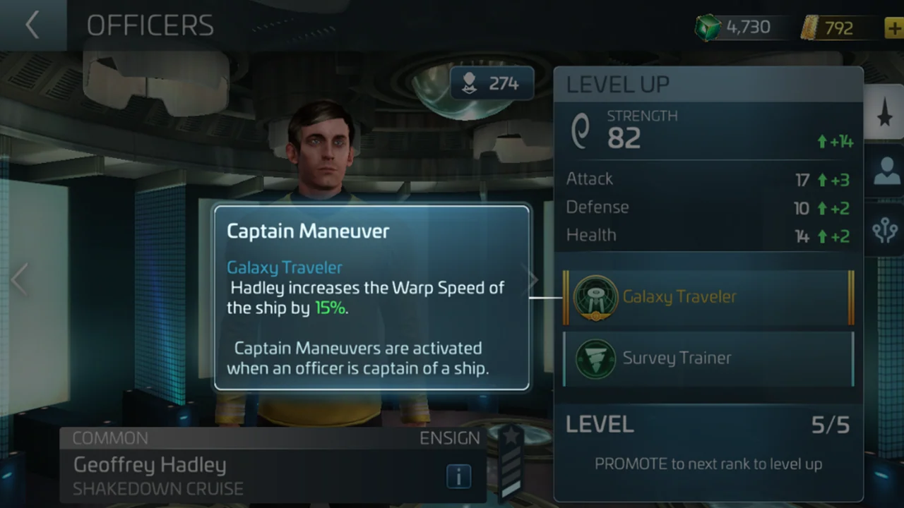 Officer screen for Geoffrey Hadley with a Captain Maneuver tooltip beside a Level Up panel of attack, defense and health.