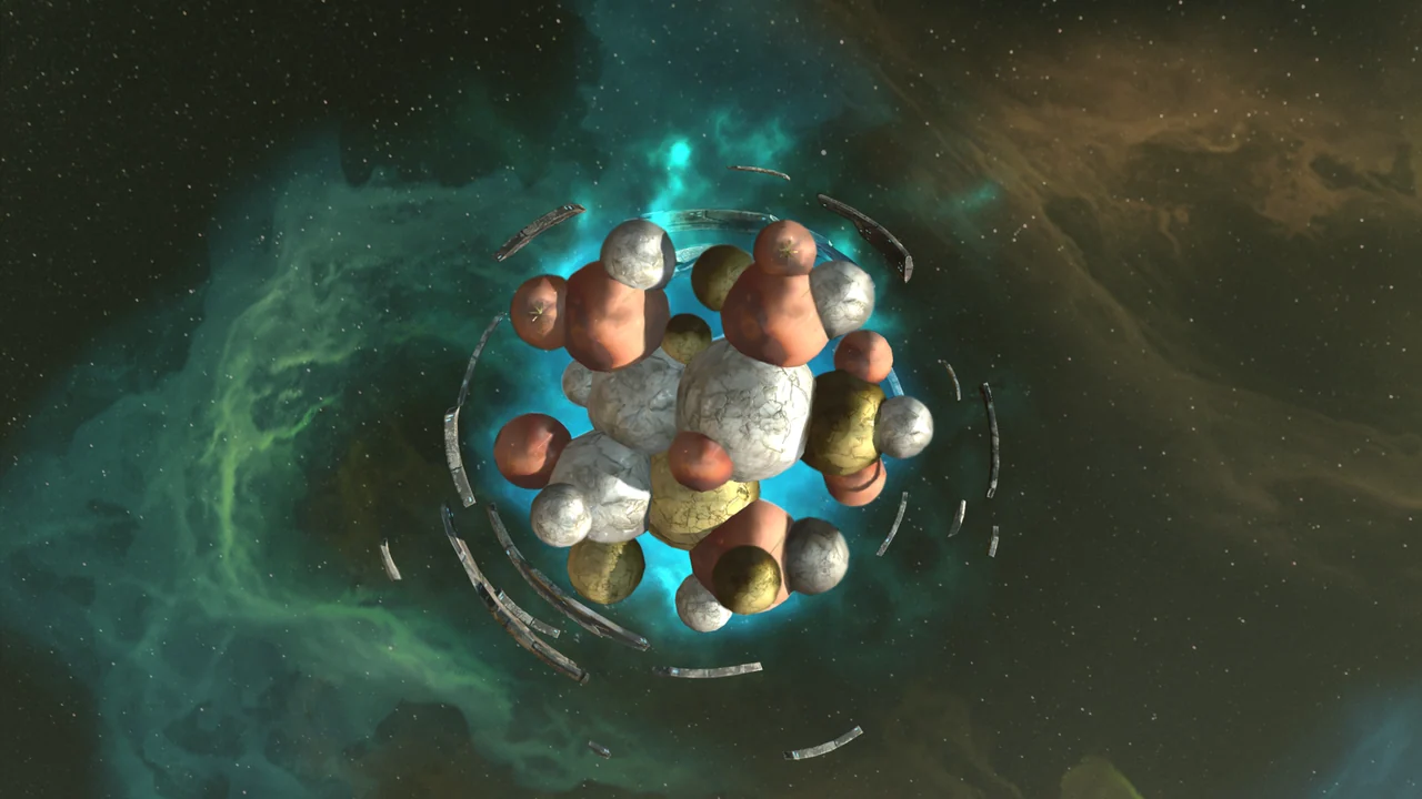 A cluster of copper, white and gold rock spheres floats inside a broken ring in a green nebula.