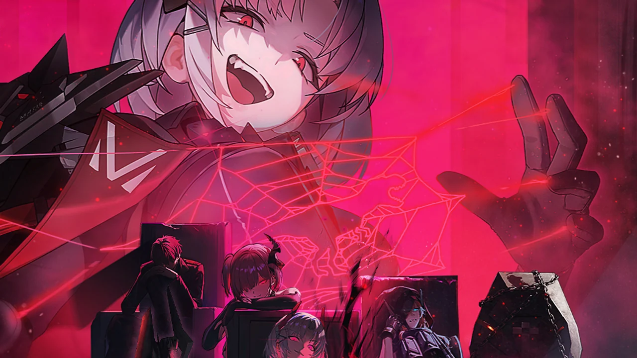 NIKKE September 3 update key visual: a grinning horned Nikke spreads red threads above figures seated on dark thrones.