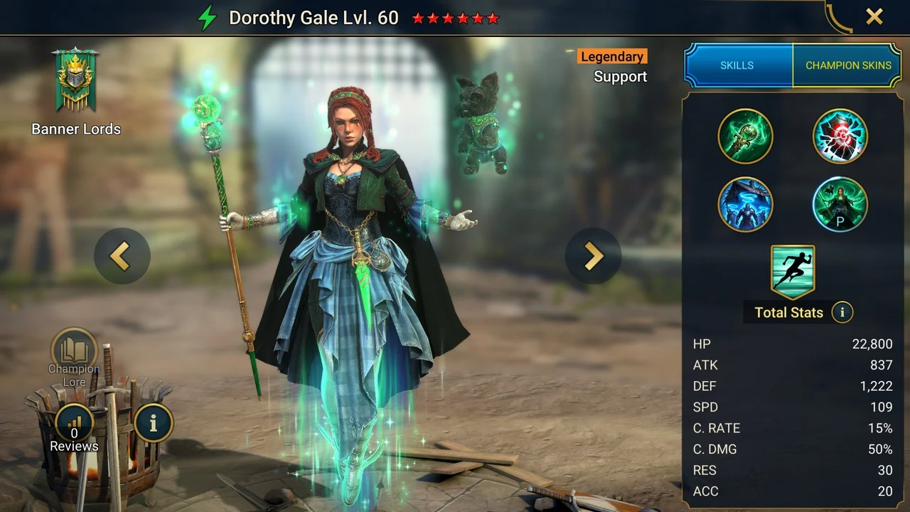 Dorothy Gale's champion screen in RAID: a Legendary support at level 60 with a green-orbed staff, her skills and stats.
