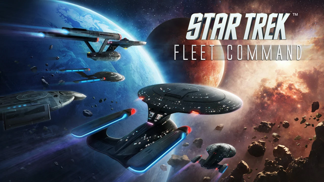 Several Starfleet ships fly in formation past a blue planet and asteroids under the game logo.