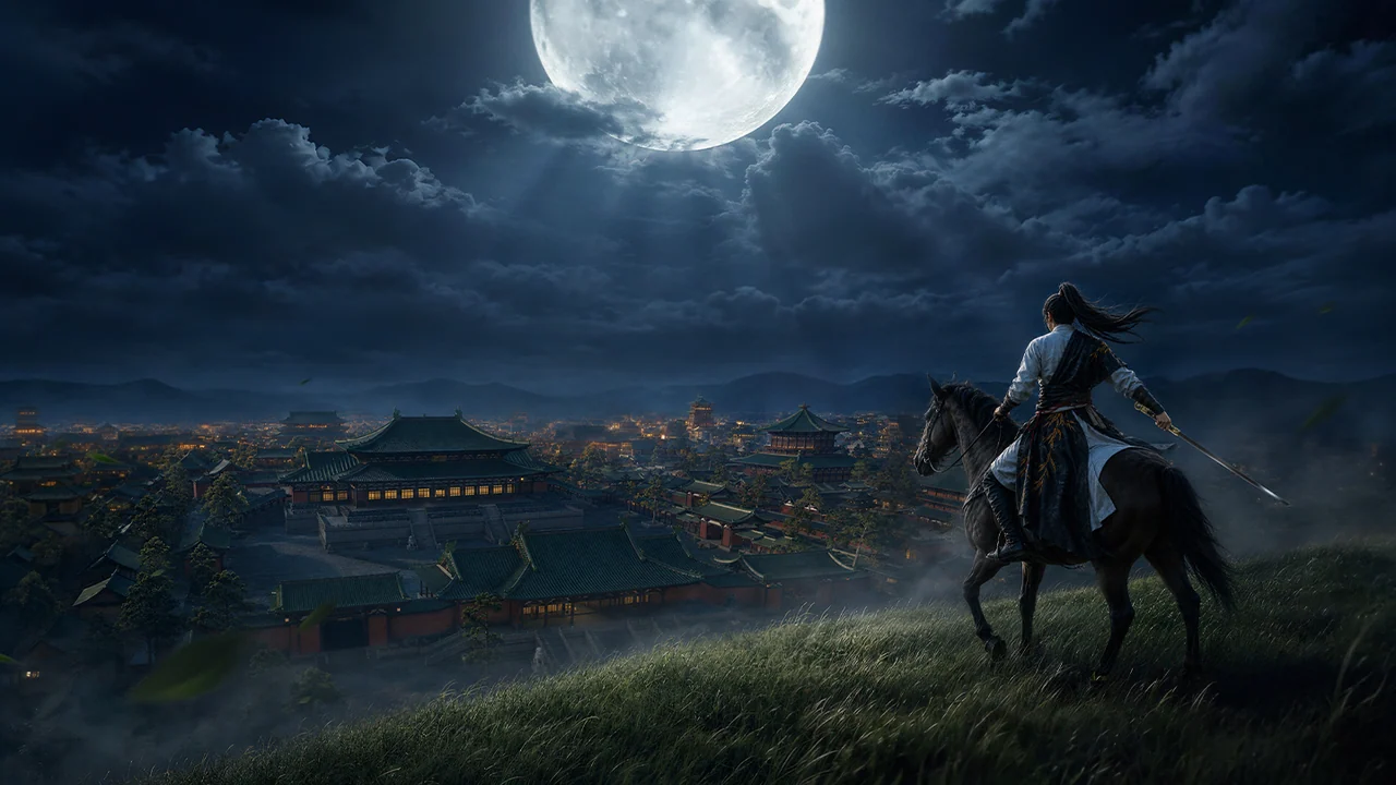 Where Winds Meet artwork: a swordsman on horseback looks over a lantern-lit imperial city under a full moon.