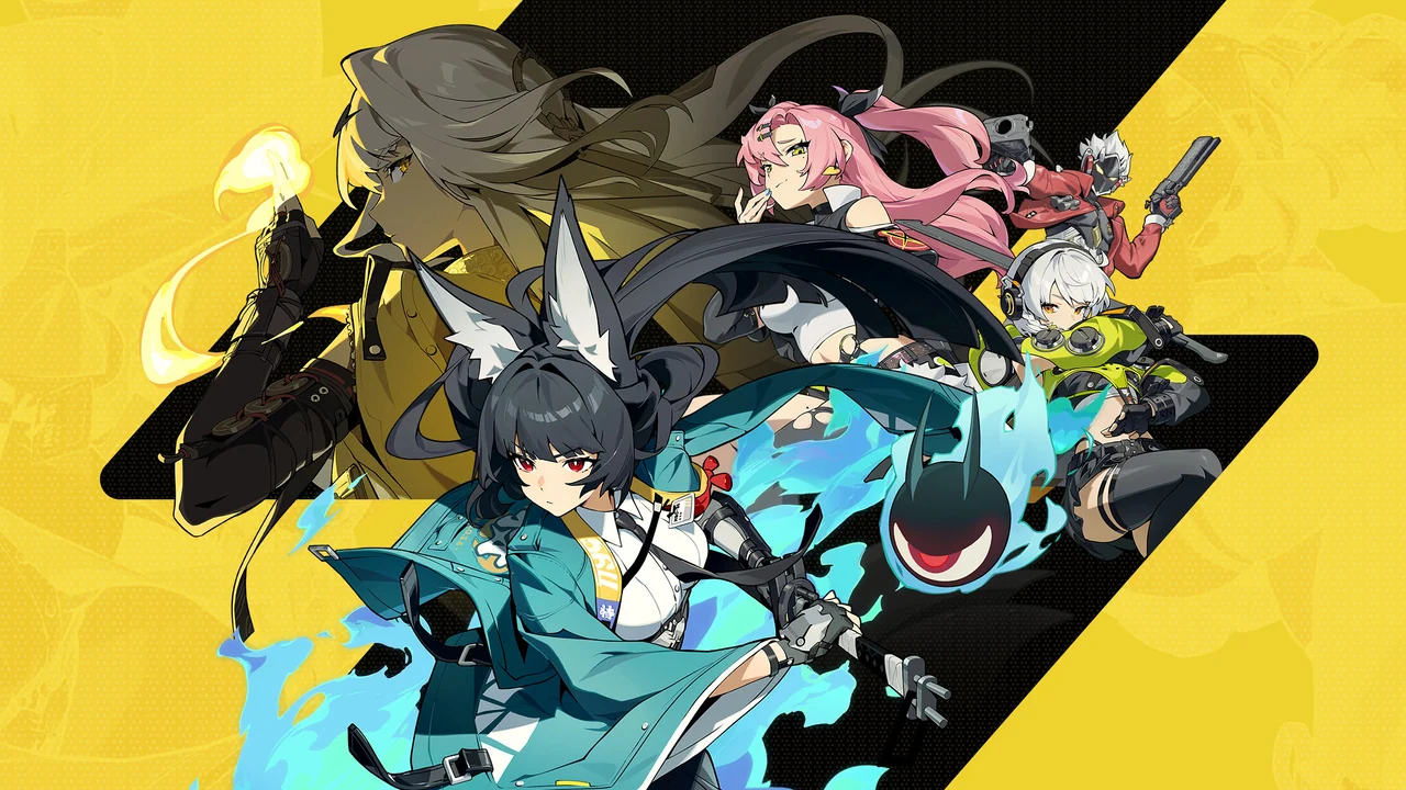 Official Zenless Zone Zero art: a black-haired agent with fox-like ears leads a group of agents across a yellow backdrop.
